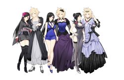Rule 34 | 1boy, 1girl, black hair, black thighhighs, blonde hair, blue eyes, braid, breasts, china dress, chinese clothes, cleavage, closed eyes, closed mouth, cloud strife, couple, crossdressing, crossed arms, dress, duoj ji, final fantasy, final fantasy vii, final fantasy vii remake, flower, frills, full body, hair bun, hair flower, hair ornament, hetero, high heels, highres, holding hands, japanese clothes, kimono, large breasts, legs, long hair, looking at another, looking at viewer, multiple views, official alternate costume, parted lips, red eyes, short dress, side slit, simple background, skirt hold, spiked hair, taut clothes, taut dress, thighhighs, thighs, tiara, tifa lockhart, tifa lockhart (exotic dress), tifa lockhart (refined dress), tifa lockhart (sporty dress), white background