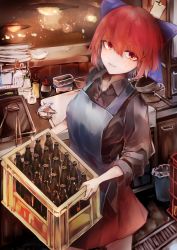 Rule 34 | 1girl, absurdres, apron, black shirt, blue apron, blue bow, bottle, bow, chopsticks, closed mouth, commentary request, cutting board, hair between eyes, highres, holding, indoors, kitchen, ladle, looking at viewer, red eyes, red hair, red skirt, safutsuguon, sekibanki, shirt, short hair, skirt, solo, standing, touhou, upper body