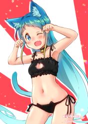 Rule 34 | 1girl, animal ears, artist name, bell, black bra, black panties, blonde hair, blue eyes, blue hair, blush, bra, breasts, cat day, cat ears, cat girl, cat lingerie, cat tail, cleavage cutout, clothing cutout, collar, commentary request, fang, gradient hair, kantai collection, long hair, looking at viewer, meme attire, multicolored hair, neck bell, one eye closed, open mouth, panties, paw pose, samidare (kancolle), side-tie panties, sidelocks, skin fang, small breasts, solo, swept bangs, tail, underwear, underwear only, very long hair, yokoshima (euphoria)