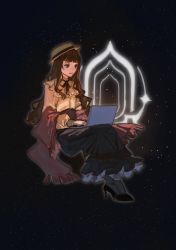 Rule 34 | 1girl, absurdres, black footwear, blue eyes, brown hair, brown skirt, chinese commentary, commentary request, computer, fors wall, fyy2333, hat, highres, laptop, long hair, long sleeves, lord of the mysteries, shawl, shirt, simple background, sitting, skirt, smile, solo, space, star (sky), symbol, tapping, yellow shirt