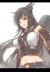 Rule 34 | 10s, 1girl, bare shoulders, black hair, blush, breasts, elbow gloves, gloves, hair ornament, headgear, highres, kantai collection, large breasts, letterboxed, long hair, looking at viewer, maryquant, midriff, nagato (kancolle), navel, personification, red eyes