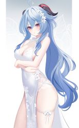 Rule 34 | 1girl, 707arisu, ahoge, bare shoulders, blue hair, breasts, cleavage cutout, clothing cutout, cowboy shot, crossed arms, dress, feet out of frame, flower, ganyu (genshin impact), genshin impact, gradient eyes, hair between eyes, hair flower, hair ornament, halter dress, halterneck, highres, horns, long hair, looking at viewer, medium breasts, multicolored background, multicolored eyes, pelvic curtain, sidelocks, solo, thigh strap, thighs, white dress