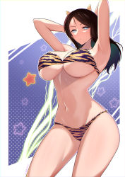 Rule 34 | 1girl, absurdres, animal print, armpits, arms behind head, arms up, bikini, black hair, blue eyes, breasts, bright pupils, closed mouth, cone horns, cosplay, cowboy shot, frown, fur bikini, girls und panzer, glaring, half-closed eyes, highres, horns, large breasts, lightning, long hair, looking at viewer, lum, lum (cosplay), navel, nonna (girls und panzer), outline, print bikini, solo, standing, star (symbol), starry background, strapless, strapless bikini, swept bangs, swimsuit, tiger print, tiger stripes, urusei yatsura, varie7k, voice actor connection, white outline, white pupils, yellow bikini