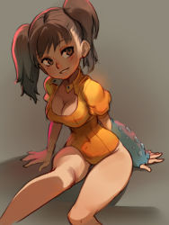 Rule 34 | 1girl, bare legs, blush, breasts, brown eyes, brown hair, cleavage, clip studio paint, covered navel, diane (nanatsu no taizai), feet out of frame, gloves, grey background, large breasts, leotard, long hair, nanatsu no taizai, orange leotard, parted lips, puffy short sleeves, puffy sleeves, shadow, short sleeves, single glove, sitting, smile, solo, twintails, xaxaxa