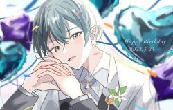 Rule 34 | 1boy, 555 kko, aoyagi touya, balloon, blue hair, brooch, collared shirt, commentary request, confetti, cross tie, dark blue hair, dated, flower, grey eyes, happy birthday, heart balloon, highres, jewelry, leaf, long sleeves, looking at viewer, male focus, mole, mole under eye, multicolored hair, open mouth, own hands clasped, own hands together, project sekai, shirt, solo, split-color hair, two-tone hair, upper body, white flower