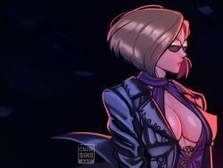 Rule 34 | 1girl, absurdres, black background, black jacket, breasts, calvin sims, center opening, chain, cleavage, commentary, death by degrees, dress, english commentary, from side, halter dress, halterneck, highres, jacket, large breasts, leather, leather jacket, lips, looking to the side, namco, nina williams, no bra, nose, purple dress, short hair, solo, standing, sunglasses, tekken, tekken 2, tekken 3, tekken 4, tekken 5, tekken 5 (dark resurrection), tekken 7, tekken blood vengeance, tekken bloodline, tekken tag tournament, tekken tag tournament 2