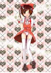 Rule 34 | 00s, 1boy, blush, bow, brown eyes, brown hair, bulge, crossdressing, english text, full body, hair bow, heart, highres, karol capel, male focus, one eye closed, panties, pantyshot, skirt, smile, solo, striped clothes, striped panties, tales of (series), tales of vesperia, thighhighs, trap, underwear, waitress, white thighhighs, wink