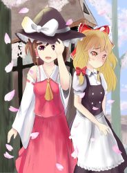 Rule 34 | 2girls, apron, ascot, bad id, bad pixiv id, blonde hair, blue sky, blush, bow, brown hair, cherry blossoms, cloud, day, detached sleeves, embarrassed, facing away, hair bow, hair ribbon, hair tubes, hakurei reimu, hand on headwear, hat, hat ribbon, headwear switch, hinomoto souya, kirisame marisa, light frown, looking at viewer, looking down, multiple girls, open mouth, outdoors, petals, red eyes, ribbon, short hair, short sleeves, sidelocks, skirt, skirt set, sky, touhou, tree, tress ribbon, waist apron, witch hat, yellow eyes