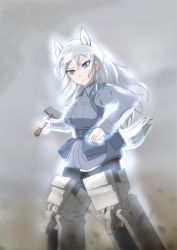 Rule 34 | 1girl, absurdres, animal ears, aurora e. juutilainen, black pantyhose, entrenching tool, focke-wulf (usmarinecorp), fockeu2010wulf, glowing, highres, holding, long hair, looking at viewer, pantyhose, pouch, purple eyes, shovel, silver hair, solo, strike witches, strike witches: aurora no majo, striker unit, tail, uniform, worktool, world witches series