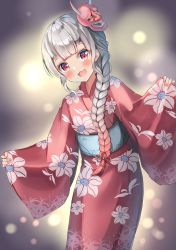 Rule 34 | 1girl, :d, absurdres, alternate costume, alternate hairstyle, blush, braid, fang, floral print, gradient hair, grey hair, hair over shoulder, highres, hololive, horns, japanese clothes, kimono, long hair, looking at viewer, mask, mask on head, multicolored hair, nakiri ayame, oni, open mouth, print kimono, rappi, red eyes, red hair, red kimono, skin-covered horns, skin fang, smile, solo, streaked hair, virtual youtuber, yukata