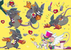 Rule 34 | 1girl, 2boys, animal ears, blush stickers, cheese, drinking fountain, ear tag, food, gloves, glowstick, green hair, hat, headphones, heart (mad rat dead), highres, hole on body, leotard, mad rat, mad rat dead, mouse (animal), mouse ears, mouse girl, mouse tail, multiple boys, multiple views, nippon ichi, rat god, red eyes, ribs, stitches, tail, tie clip, top hat, wings, wrist cuffs