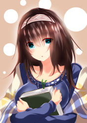 Rule 34 | 1girl, ayasato karen, black hair, blue eyes, blush, book, breasts, collarbone, commentary request, hair between eyes, hairband, highres, holding, holding book, idolmaster, idolmaster cinderella girls, large breasts, long hair, looking at viewer, off-shoulder, off-shoulder sweater, ribbed sweater, sagisawa fumika, shawl, solo, sweater, upper body
