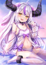Rule 34 | 1girl, :d, absurdres, ahoge, babydoll, bad id, bad twitter id, black choker, blush, bow, choker, demon horns, detached sleeves, flower, frilled panties, frills, grey hair, hair flower, hair ornament, highres, hololive, horns, jewelry, la+ darknesss, long sleeves, looking at viewer, midriff, multicolored hair, navel, no shoes, open mouth, panties, pointy ears, puffy long sleeves, puffy sleeves, purple bow, purple flower, purple hair, ring, sitting, smile, solo, streaked hair, striped horns, thighhighs, underwear, virtual youtuber, wariza, white panties, white thighhighs, yellow eyes, yuano