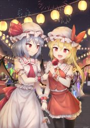 Rule 34 | 5girls, :d, apron, artist name, ascot, bat wings, beret, black legwear, blonde hair, blue dress, blue hair, blush, bow, breasts, candy apple, commentary request, cowboy shot, crystal, dress, fangs, fireworks, fish, flandre scarlet, food, frilled shirt collar, frills, green headwear, hair between eyes, hat, hat bow, hat ribbon, holding, holding food, holding hands, hong meiling, interlocked fingers, izayoi sakuya, koakuma, lantern, long hair, looking at another, maid, maid apron, miniskirt, minust, mob cap, multiple girls, night, night sky, one side up, open mouth, orange hair, outdoors, paper lantern, patchouli knowledge, petticoat, purple hair, red ascot, red bow, red eyes, red ribbon, red skirt, red vest, remilia scarlet, ribbon, short hair, signature, silver hair, skirt, skirt set, sky, small breasts, smile, standing, star (sky), starry sky, thighhighs, thighs, touhou, vest, waist apron, white apron, white dress, white headwear, wings, wrist cuffs, yellow ascot, zettai ryouiki
