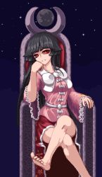 Rule 34 | 1girl, bad id, bad pixiv id, barefoot, black hair, blunt bangs, bow, bowtie, bright pupils, crossed legs, feet, hand on own cheek, hand on own face, houraisan kaguya, long hair, long sleeves, looking at viewer, multiple bows, night, night sky, nukekip, open mouth, pink shirt, pixel art, red eyes, red skirt, shirt, sitting, skirt, sky, solo, star (sky), starry sky, throne, toes, touhou, white bow, white bowtie, white pupils, wide sleeves