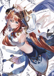 Rule 34 | 1girl, absurdres, arm up, armpits, blue eyes, blue skirt, breasts, circlet, closed mouth, crop top, detached sleeves, floating hair, genshin impact, gold trim, harem outfit, hatachi8p, highres, horns, long hair, long sleeves, looking at viewer, medium breasts, midriff, nilou (genshin impact), puffy long sleeves, puffy sleeves, sideboob, simple background, skirt, smile, solo, twintails, vambraces, veil, water, white background