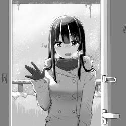Rule 34 | 1girl, blush, breath, buttons, coat, door, doorway, double-breasted, gloves, greyscale, heart, long hair, looking at viewer, monochrome, open mouth, original, pov doorway, scarf, smile, snow, snowing, solo, waving, winter clothes, winter coat, zaxwu