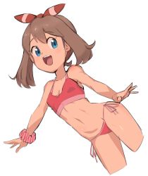 Rule 34 | 1girl, blue eyes, breasts, brown hair, creatures (company), game freak, hair ribbon, long hair, looking at viewer, may (pokemon), nintendo, nyonn24, open mouth, pokemon, pokemon oras, ribbon, simple background, small breasts, smile, solo, swimsuit, white background