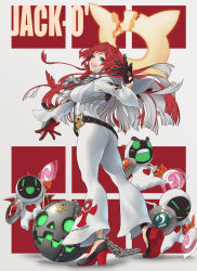Rule 34 | 1girl, absurdres, ankh, ball and chain restraint, bell-bottoms, bodysuit, broken halo, spiked halo, crossbone (rnhs5422), green eyes, guilty gear, guilty gear strive, halo, highres, jack-o&#039; valentine, long hair, pants, red hair, skin tight, very long hair, white bodysuit