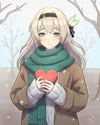Rule 34 | 1girl, bare tree, black hairband, blue eyes, blue pupils, blue ribbon, bow, box, box of chocolates, brown jacket, closed mouth, cow, dot nose, firefly (honkai: star rail), green scarf, grey hair, grey sky, hair between eyes, hair bow, hair intakes, hair ribbon, hairband, heart-shaped box, highres, holding, holding box, honkai: star rail, honkai (series), jacket, junachi, long hair, long sleeves, open clothes, open jacket, outdoors, overcast, ribbon, scarf, sidelocks, signature, sky, sleeves past wrists, smile, snowing, solo, straight-on, sweater, tree, valentine, white bow, white sweater, winter