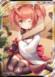 Rule 34 | 1girl, akkijin, amulet, book, card (medium), green eyes, japanese clothes, jewelry, necklace, one eye closed, orange hair, rattle, seiza, shinkai no valkyrie, short hair, sitting, solo, thighhighs, twintails