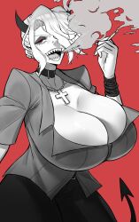 Rule 34 | 1girl, absurdres, breasts, cigarette, demon, demon girl, demon horns, demon tail, ear piercing, fukamichi ran&#039;ou, gigantic breasts, half-closed eyes, helltaker, highres, holding, holding cigarette, horns, looking at viewer, mouth piercing, nose piercing, pants, piercing, red background, red eyes, sharp teeth, shirt, smoke from mouth, tail, teeth, zdrada (helltaker)