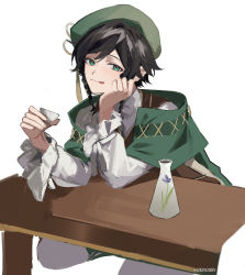 Rule 34 | 1boy, :q, beret, black hair, bottle, braid, commentary request, cup, frilled sleeves, frills, genshin impact, green eyes, green hat, green shorts, hat, highres, holding, holding cup, juliet sleeves, long sleeves, looking at viewer, official alternate costume, pantyhose, puffy sleeves, sakazuki, sake bottle, seiza, shorts, side braids, sitting, table, tassel, thighhighs, tongue, tongue out, twin braids, ueauwa, venti (genshin impact), white pantyhose, wooden table