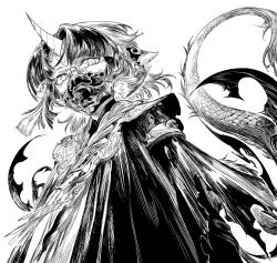 Rule 34 | 1boy, animal ears, armlet, cloak, covered mouth, dragon, dragon boy, dragon tail, dutch angle, earrings, eastern dragon, facial mark, fangs, floating hair, forehead mark, from below, fur-tipped tail, greyscale, highres, horns, jewelry, long sleeves, looking at viewer, mask, monochrome, mouth mask, necklace, nianshoufa, open mouth, original, short hair, simple background, single horn, slit pupils, solo, tail, tassel, tassel earrings, tongue, torn clothes, upper body