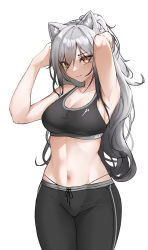 Rule 34 | 1girl, absurdres, animal ears, arknights, armpits, arms up, atsukii, bare arms, bare shoulders, black pants, black sports bra, breasts, brown eyes, cat ears, commentary, cowboy shot, crop top, hair between eyes, highres, horns, long hair, looking at viewer, medium breasts, midriff, pants, panty straps, ponytail, schwarz (arknights), silver hair, simple background, solo, sports bra, sportswear, standing, stomach, very long hair, white background, yoga pants