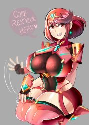 Rule 34 | 1girl, absurdres, blush, breasts, english text, highres, large breasts, looking at viewer, nintendo, presenting, pyra (xenoblade), red hair, short hair, shorts, solo, text focus, thick thighs, thighhighs, thighs, xenoblade chronicles (series), xenoblade chronicles 2, xenoblade chronicles (series), xenoblade chronicles 2, xiceowl