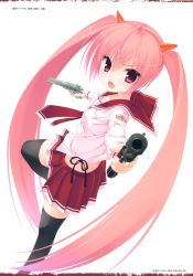 Rule 34 | 1girl, absurdres, black thighhighs, breasts, butt crack, character request, dual wielding, fang, gun, hair ornament, handgun, hidan no aria, highres, holding, holding weapon, kobuichi, long hair, long sleeves, looking back, open mouth, pink hair, pleated skirt, red eyes, red skirt, school uniform, serafuku, simple background, skirt, small breasts, solo, thighhighs, translation request, trigger discipline, twintails, very long hair, weapon, white background, zettai ryouiki