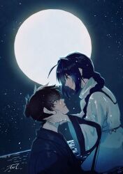 Rule 34 | 1boy, 1other, androgynous, backlighting, black hair, blue kimono, braid, braided ponytail, dark, fate/samurai remnant, fate (series), full moon, hair intakes, hands on another&#039;s face, highres, horizon, japanese clothes, kimono, miyamoto iori (fate), mmmpsychedelic138, moon, night, night sky, partially submerged, profile, signature, sketch, sky, star (sky), starry sky, topknot, water, wet, wet clothes, wet hair, yamato takeru (fate), yellow eyes
