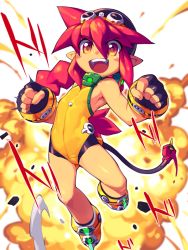 Rule 34 | 1girl, :d, bad id, black gloves, blush stickers, explosion, fingerless gloves, gloves, hat, korone (metata), leotard, long hair, looking at viewer, metata, open mouth, original, pointy ears, red hair, smile, solo, tail, yellow eyes