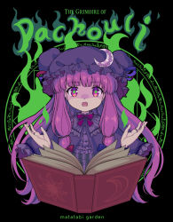 Rule 34 | 1girl, artistic error, blue bow, blunt bangs, book, bow, crescent, crescent moon, crescent pin, dress, english text, fire, green fire, green pupils, hair bow, hat, iris anemone, jewelry, long hair, looking at viewer, mob cap, moon, open mouth, patchouli knowledge, purple dress, purple eyes, purple hair, purple hat, red bow, red neckwear, ring, shaded face, sidelocks, solo, touhou, upper body