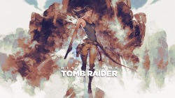 Rule 34 | 1girl, alt text, boots, bow (weapon), brown hair, cliff, copyright name, gun, handgun, highres, jewelry, lara croft, looking at viewer, mountain, necklace, official art, pickaxe, ponytail, quiver, rock, solo, square enix, standing, tank top, tomb raider, tomb raider (reboot), weapon, yoshida akihiko