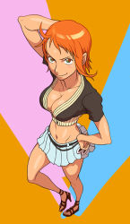 Rule 34 | 1girl, black shirt, blouse, breasts, cleavage, enies lobby, foreshortening, full body, hand on own hip, hiroshi yamamiya, large breasts, midriff, nami (one piece), navel, one piece, orange hair, sandals, shirt, short hair, skirt, solo, yamamiya hiroshi