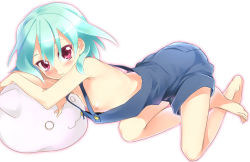 Rule 34 | 1girl, :3, aqua hair, barefoot, blue hair, blush, feet, flat chest, kayou (kayou-bi), looking at viewer, lying, naked overalls, nipples, original, overalls, red eyes, simple background, smile, solo, white background