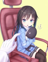 Rule 34 | 1girl, 1other, abyssal ship, asashio (kancolle), black hair, black skirt, black thighhighs, blue eyes, blue sweater, blurry, chair, character doll, child, collared shirt, depth of field, hugging doll, gotou hisashi, highres, hood, hooded sweater, hoodie, i-class destroyer, kantai collection, long hair, looking at viewer, hugging object, shirt, sitting, skirt, stuffed toy, sweater, thighhighs, white shirt