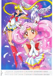 Rule 34 | 1990s (style), 2girls, absurdres, arm up, bishoujo senshi sailor moon, bishoujo senshi sailor moon supers, blonde hair, blue eyes, blue sailor collar, boots, bow, brooch, calendar (medium), chibi usa, choker, crescent, crescent earrings, double bun, earrings, elbow gloves, floating hair, gloves, hair bun, hair ornament, heart, heart brooch, heart choker, helios (sailor moon), highres, holding, holding wand, jewelry, kaleidomoon scope, knee boots, long hair, miniskirt, multiple girls, official art, own hands together, pegasus (sailor moon), petals, pink footwear, pink hair, pink sailor collar, pleated skirt, red eyes, retro artstyle, sailor chibi moon, sailor collar, sailor moon, skirt, smile, super sailor moon, tiara, toei animation, tsukino usagi, twintails, unicorn, very long hair, wand, wings