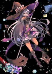 Rule 34 | 1girl, absurdres, black gloves, boots, braid, capelet, earrings, fingerless gloves, full body, gloves, hat, highres, hilda (stella glow), holding, holding staff, jewelry, long hair, solo, staff, stella glow, white hair, witch hat, yellow eyes, zyoto24