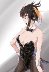 Rule 34 | 1girl, bare shoulders, black hair, black leotard, bow, bowtie, breasts, brown pantyhose, cleavage, detached collar, glasses, hair over one eye, headphones, highleg, highleg leotard, highres, kemono friends, large breasts, leotard, looking to the side, multicolored hair, pantyhose, penguin tail, profile, red eyes, red hair, rockhopper penguin (kemono friends), short hair, solo, strapless, strapless leotard, tail, traditional bowtie, wifi1981321, wrist cuffs