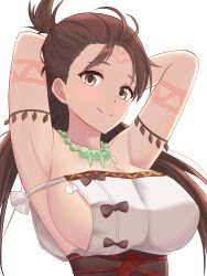 Rule 34 | 1girl, armpits, arms behind head, body markings, breasts, brown eyes, brown hair, commentary request, dress, facial mark, fate/grand order, fate (series), forehead mark, highres, himiko (fate), himiko (first ascension) (fate), igloo 03, jewelry, large breasts, light blush, looking at viewer, low twintails, magatama, magatama necklace, necklace, no bra, one side up, sideboob, smile, solo, twintails, upper body, white dress
