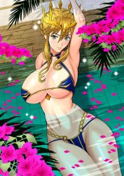 Rule 34 | 1girl, alternate costume, arm behind back, arm up, armpits, artoria pendragon (fate), artoria pendragon (lancer) (fate), barefoot, bikini, blonde hair, blue bikini, blush, braid, breasts, commentary request, crown, fate/grand order, fate (series), flower, french braid, green eyes, hair between eyes, looking at viewer, navel, partially submerged, petals, petals on liquid, pool, sidelocks, smile, solo, swimsuit, thighs, water, wet, yukiyanagi