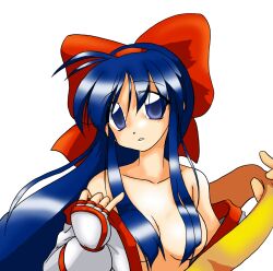Rule 34 | 1girl, ainu clothes, blue eyes, blue hair, breasts, convenient censoring, fingerless gloves, gloves, hair ribbon, large breasts, long hair, looking at viewer, nakoruru, no bra, open clothes, parted lips, ribbon, samurai spirits, snk, solo