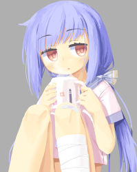 Rule 34 | 1girl, :o, bad id, bad twitter id, bandaged leg, bandages, bandaid, bandaid on knee, bandaid on leg, blue hair, blue sailor collar, blush, bottomless, bow, brown eyes, cup, drink, feet out of frame, grey background, hair bow, hands up, hassai, highres, holding, holding cup, holding drink, knees up, long hair, looking at viewer, looking to the side, low ponytail, mug, no lineart, original, out-of-frame censoring, parted lips, ponytail, print mug, red eyes, sailor collar, sailor shirt, shirt, short sleeves, sidelocks, simple background, sitting, solo, steam, w arms, white shirt