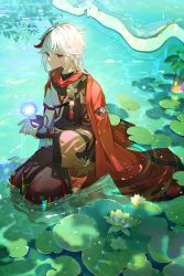Rule 34 | 1boy, absurdres, ahoge, armor, asymmetrical sleeves, autumn leaves, bandaged arm, bandages, black scarf, black shorts, closed mouth, commentary request, day, flower, genshin impact, hair between eyes, hair down, hakama, hakama shorts, highres, in water, japanese clothes, kaedehara kazuha, leaf print, lily pad, looking at viewer, lotus, male focus, multicolored hair, orb, pauldrons, pom pom (clothes), red eyes, red hair, red scarf, ripples, rock, scarf, short sleeves, shorts, shoulder armor, sidelocks, single pauldron, sitting, solo, streaked hair, water, white hair, xingxing mei