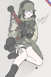Rule 34 | 1girl, ammunition pouch, bags under eyes, battlefield (series), battlefield 4, black hair, blue eyes, brown gloves, brown hat, brown jacket, brown shorts, camouflage, camouflage jacket, crotch plate, earmuffs, flare, gas mask, gloves, gun sling, hat, headset, highres, holding, holding weapon, jacket, long hair, long sleeves, mask, microphone, neptune zx, original, pouch, radio, rocket launcher, rpg (weapon), russian clothes, scar, scar on face, scar on nose, short shorts, shorts, solo, star (symbol), thigh strap, thighs, weapon