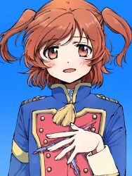 Rule 34 | 1girl, aijou karen, arm at side, blue background, blue jacket, blush, brown eyes, brown hair, denim, epaulettes, gradient background, hand on own chest, hand up, highres, jacket, long sleeves, looking at viewer, multicolored clothes, multicolored jacket, nori (cheiwbciwkxbdjr), parted lips, red jacket, shirt, short hair, shoujo kageki revue starlight, smile, solo, swept bangs, tassel, torn clothes, torn jacket, torn shirt, two side up, upper body, white shirt