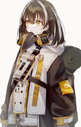 Rule 34 | 1girl, arknights, backpack, bag, bird, black coat, brown hair, charm (object), coat, cowboy shot, hair between eyes, highres, long sleeves, looking away, magallan (arknights), mask around neck, misumi (macaroni), multicolored hair, parted lips, penguin, puffy long sleeves, puffy sleeves, rhine lab logo, simple background, solo, streaked hair, white background, white hair, winter clothes, winter coat, yellow eyes