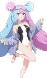 Rule 34 | 1girl, absurdres, alternate costume, aqua hair, barefoot, blush, bow-shaped hair, breasts, camui1104, character hair ornament, commentary request, creatures (company), game freak, grey jacket, grin, hair ornament, highres, iono (pokemon), jacket, leg up, long hair, looking at viewer, medium breasts, multicolored hair, nintendo, off shoulder, one-piece swimsuit, open clothes, open jacket, pink hair, pokemon, pokemon sv, purple eyes, simple background, smile, solo, swimsuit, teeth, toes, twintails, two-tone hair, white background